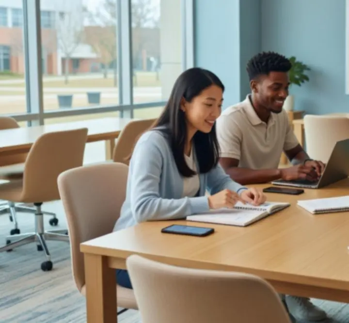 Zaangażowani studenci współpracujący przy nauce online w przyjaznym środowisku edukacyjnym.