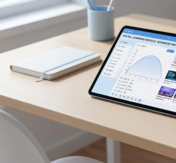 Nowoczesne środowisko cyfrowej edukacji z materiałami wideo i wykresami na ekranie.