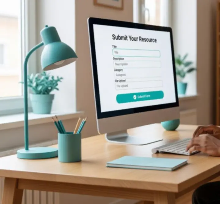 Student zgłaszający nowy zasób edukacyjny za pomocą formularza na ekranie komputera